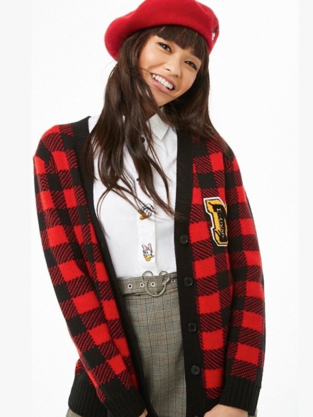 Disney x Forever 21 Mickey Mouse Buffalo Plaid Varsity Cardigan Sweater Medium - Picture 2 of 7